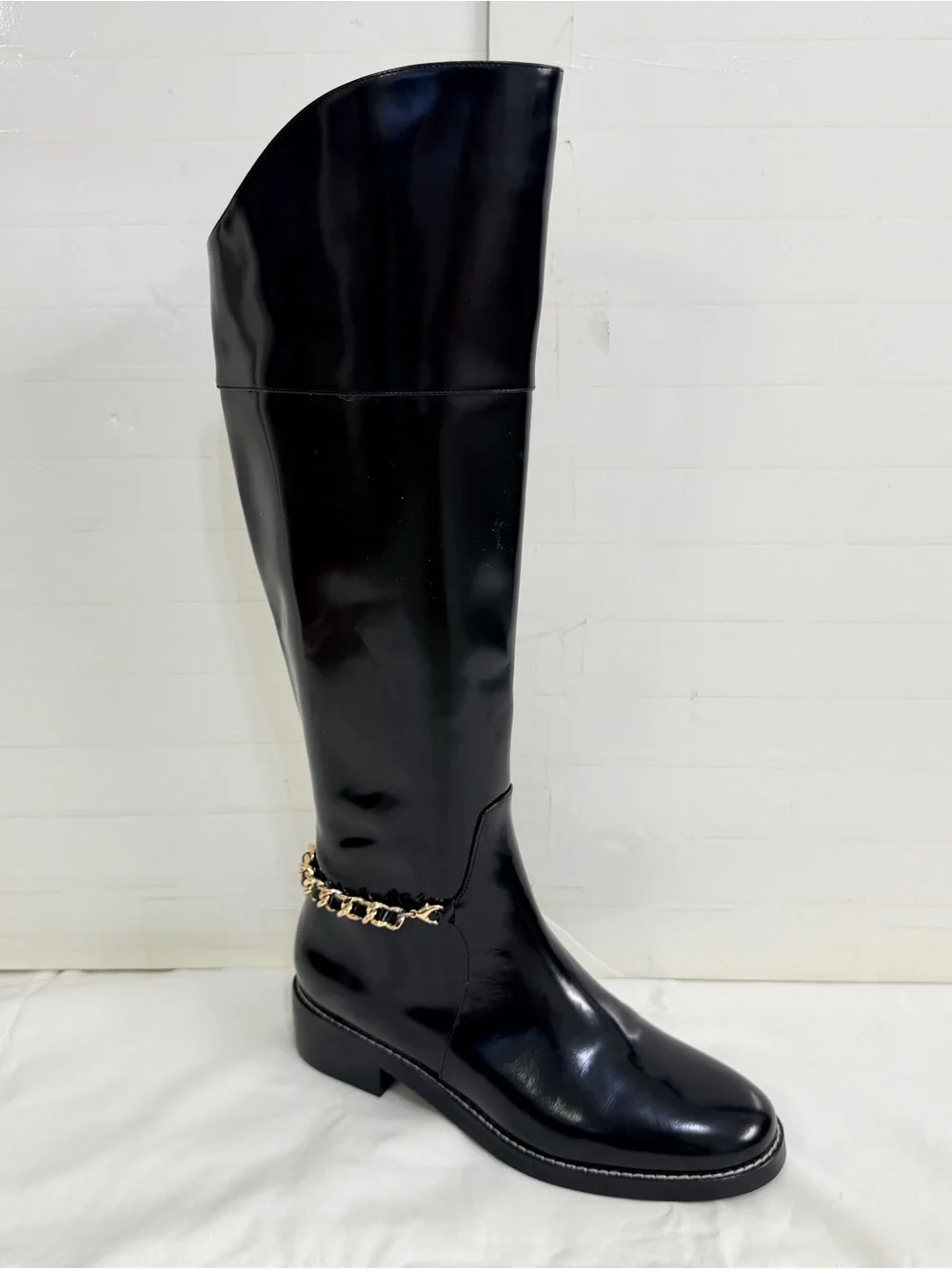 NEW L’Agence Black Patent Knee-High Boots with Gold Chain Accent, Size 7.5